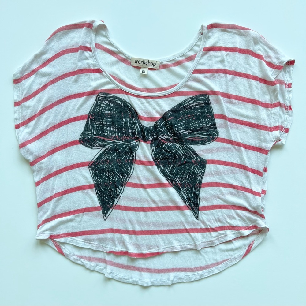 Workshop Pink and White Striped Bow Cropped T-Shirt, Medium